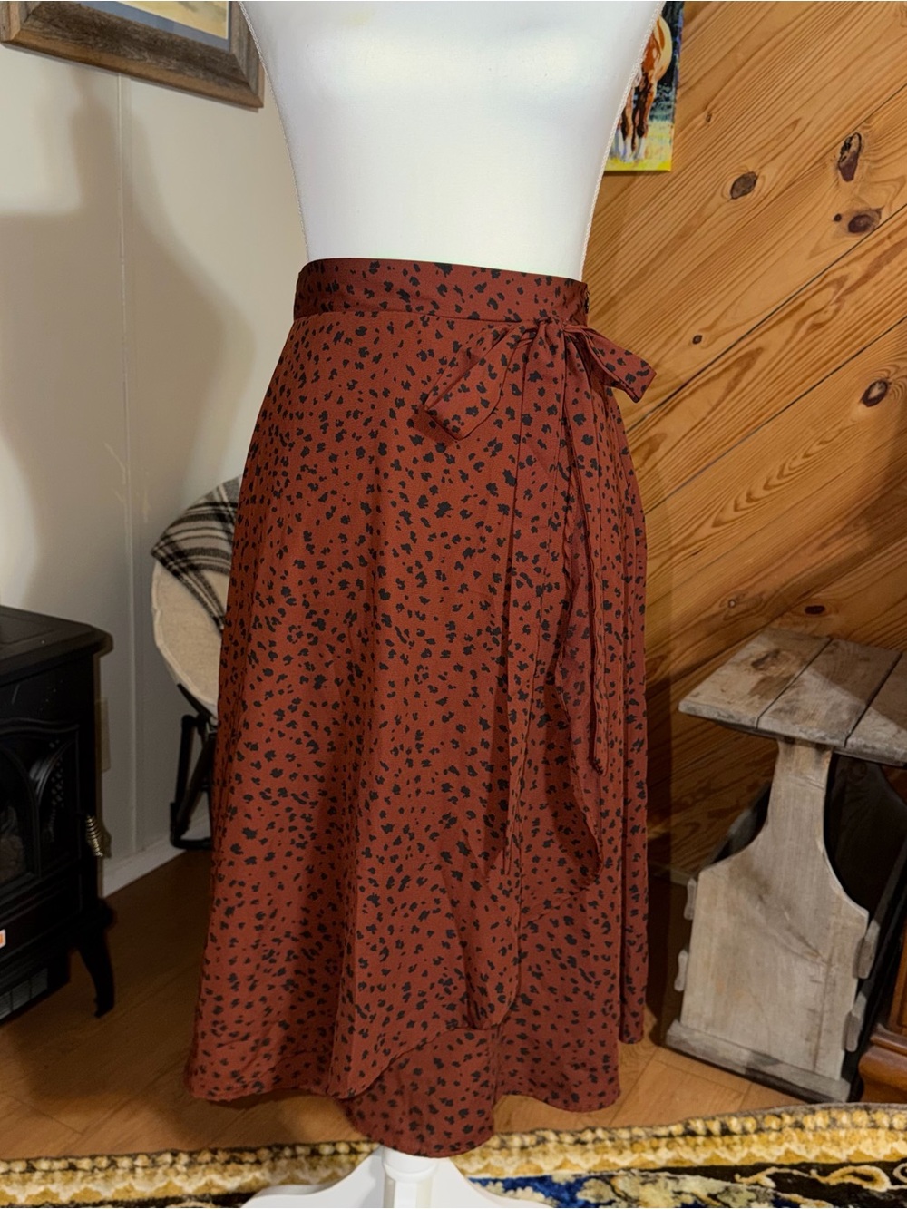Le Lis Rust Brown Midi Faux Wrap Skirt with Black Animal Print-Zip Up